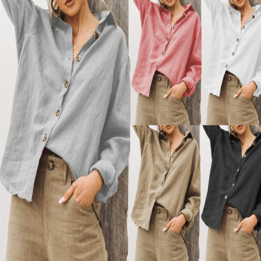Fashion Lapel Long Sleeve Cotton Loose Women's Shirt