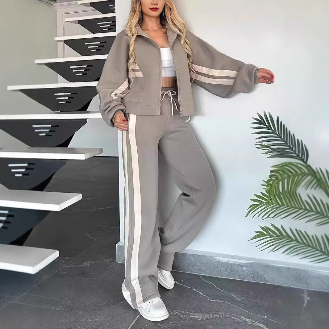 Striped Zip Top Coat Jacket Casual Sweatshirt Women