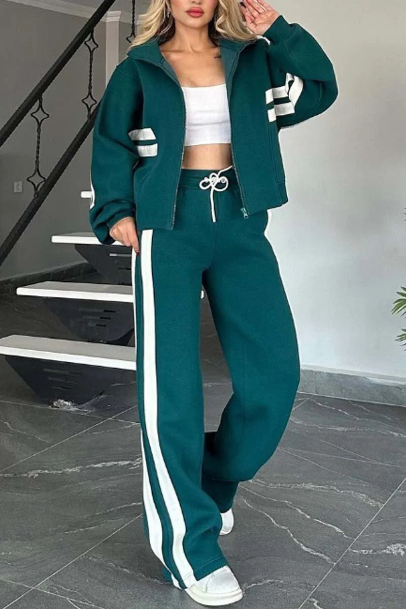 Striped Zip Top Coat Jacket Casual Sweatshirt Women