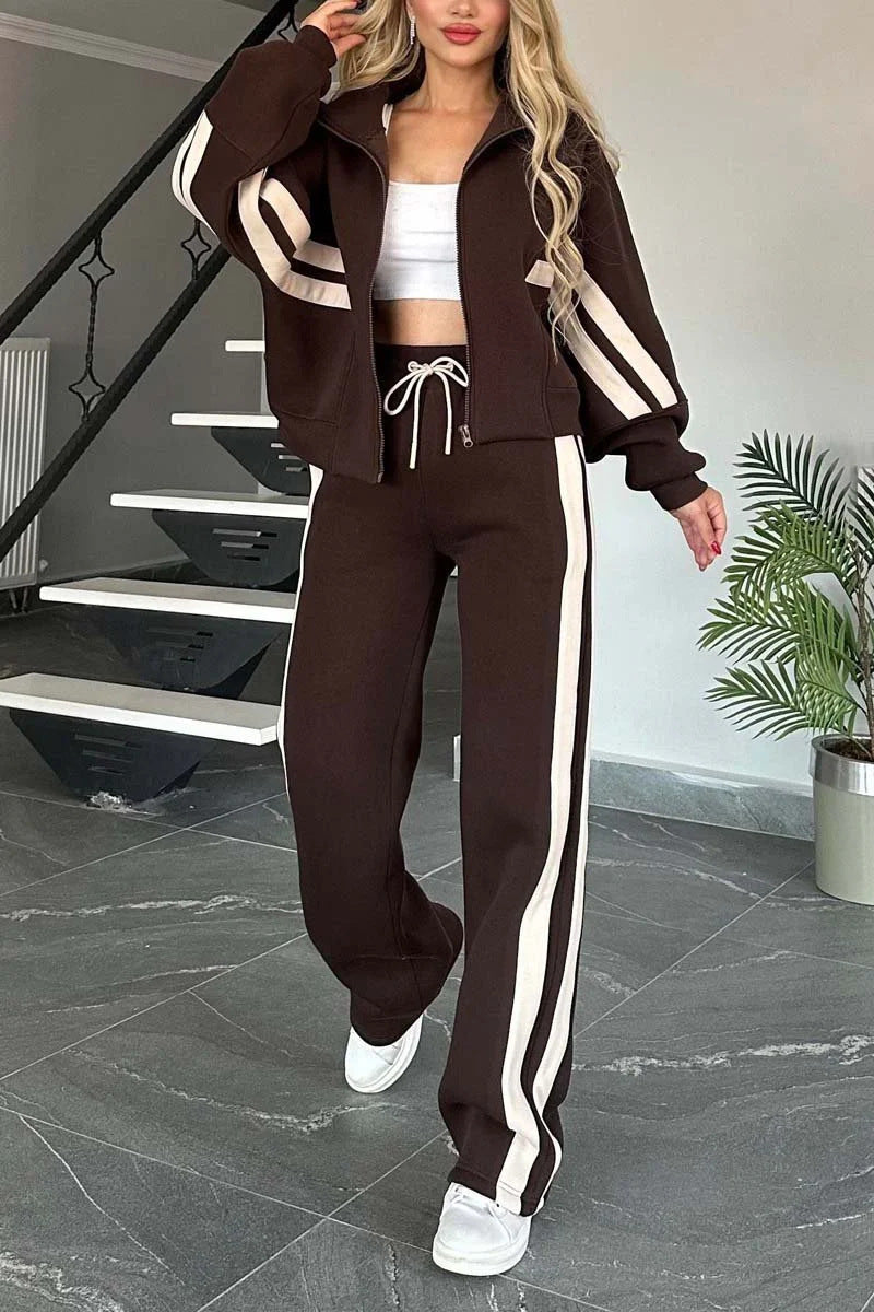 Striped Zip Top Coat Jacket Casual Sweatshirt Women