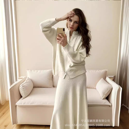 Hot sale loose knit suit women 2024 autumn and winter new zip cardigan jumper + fishtail skirt