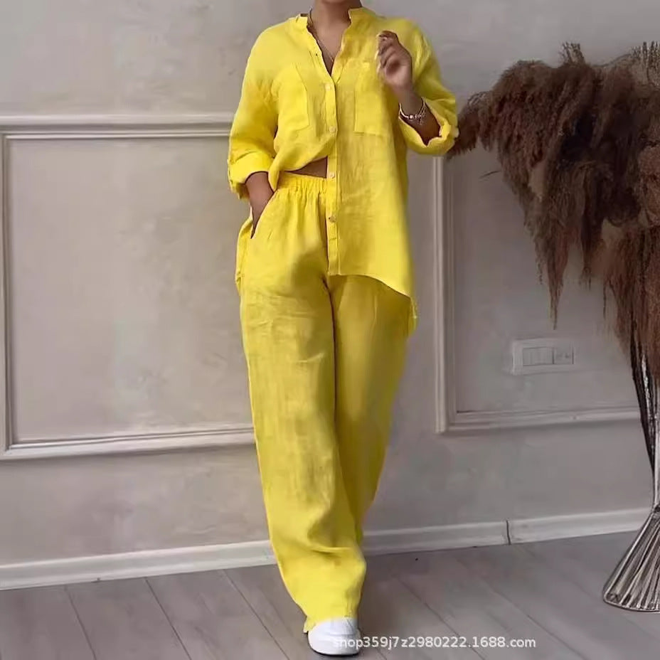 Casual Cotton Linen Solid Colour Shirt Drawstring Wide Leg Pants Set