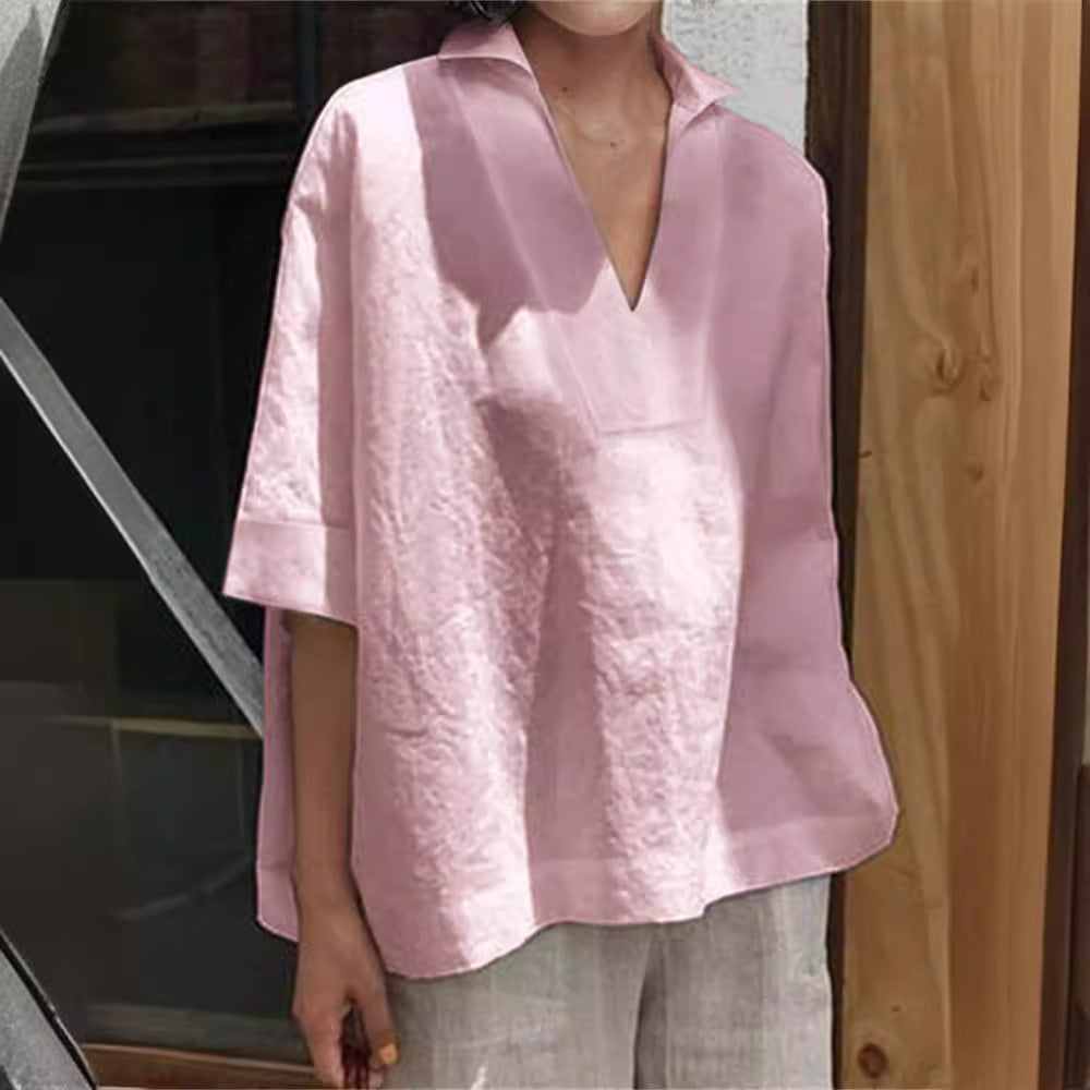 V-neck cotton linen versatile solid color large size loose medium-sleeved women's shirt