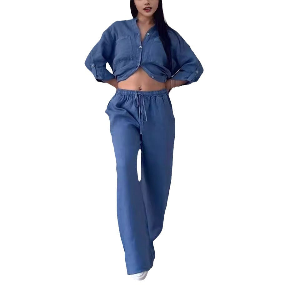 Casual Cotton Linen Solid Colour Shirt Drawstring Wide Leg Pants Set