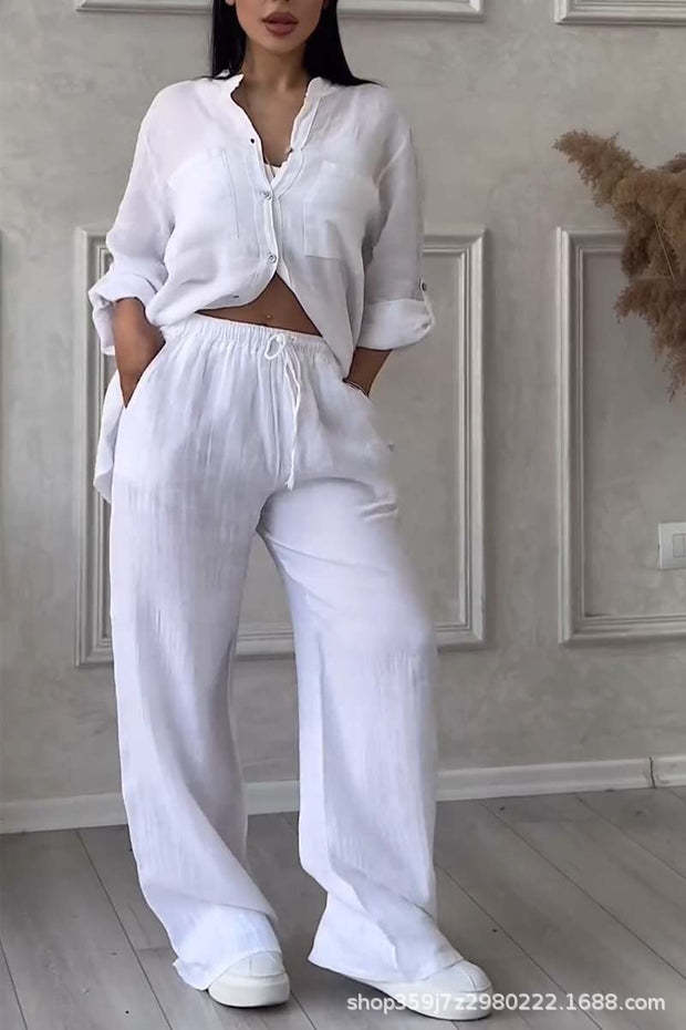 Casual Cotton Linen Solid Colour Shirt Drawstring Wide Leg Pants Set
