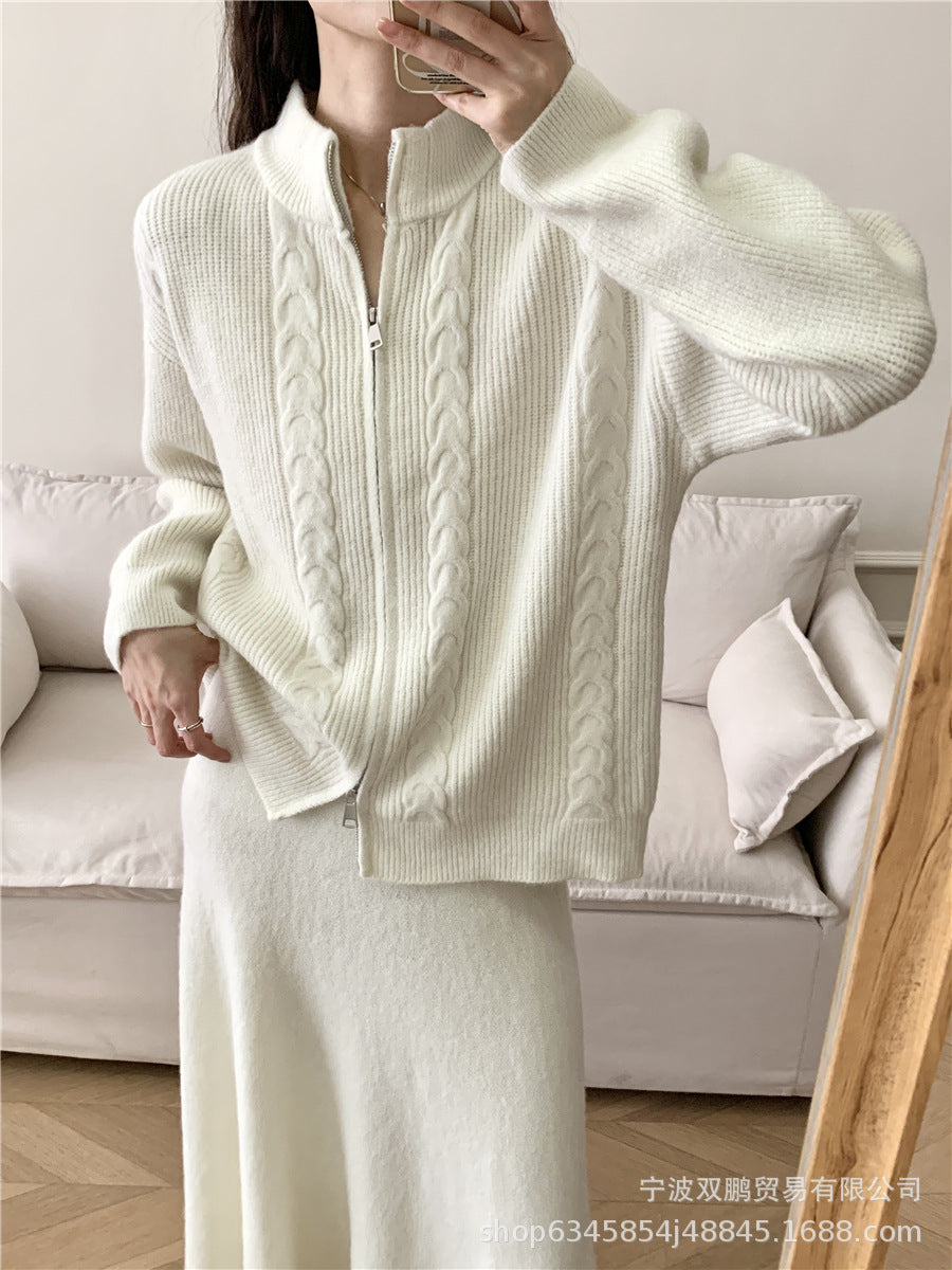 Hot sale loose knit suit women 2024 autumn and winter new zip cardigan jumper + fishtail skirt