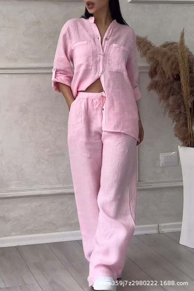 Casual Cotton Linen Solid Colour Shirt Drawstring Wide Leg Pants Set