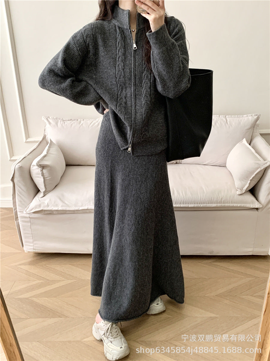 Hot sale loose knit suit women 2024 autumn and winter new zip cardigan jumper + fishtail skirt