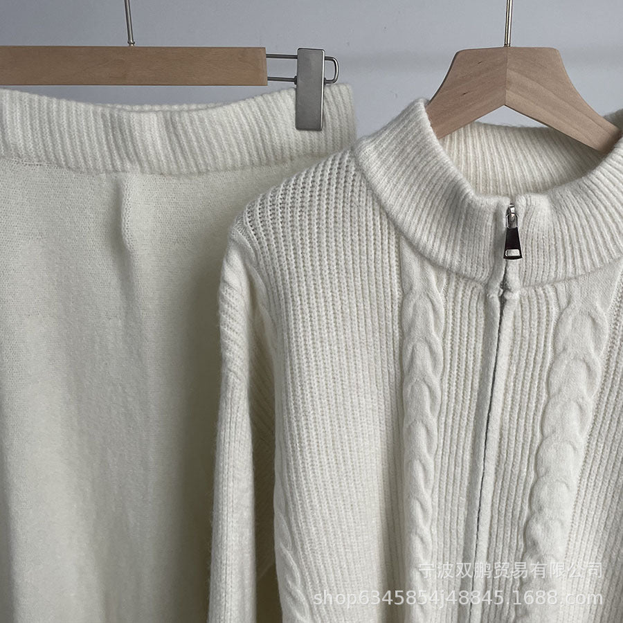 Hot sale loose knit suit women 2024 autumn and winter new zip cardigan jumper + fishtail skirt