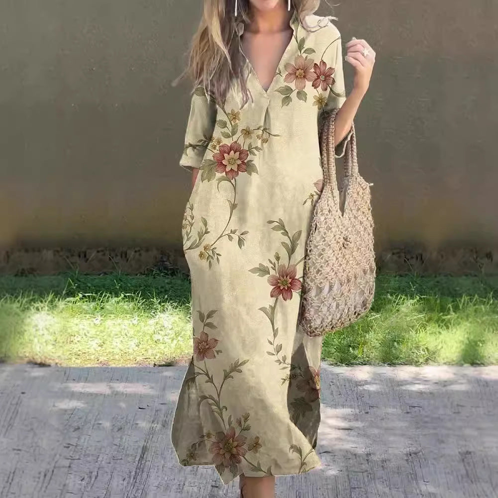 Casual Summer Loose Skirt Slit V Neck Printed Faux Hemp Dresses