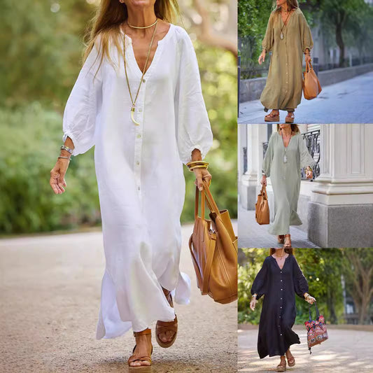 Cotton Linen Shirt Long Dress Fashion Casual Long Sleeve Cardigan Dresses
