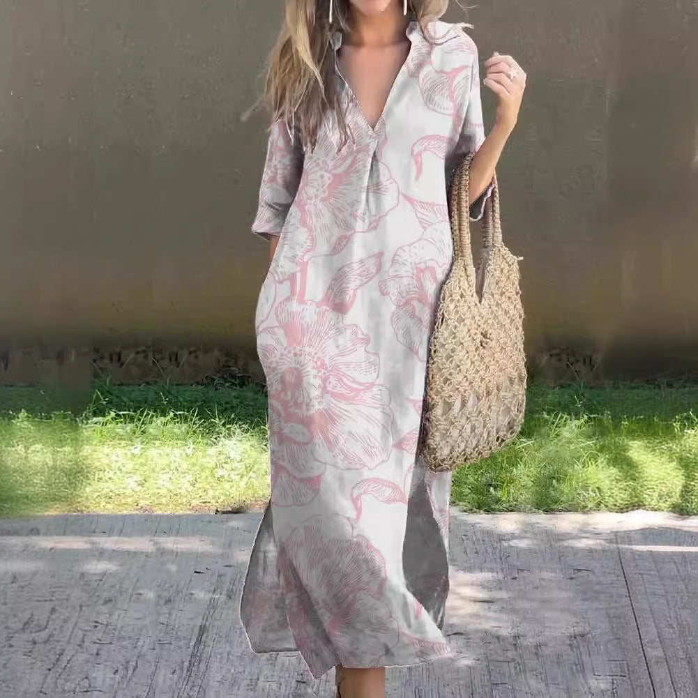 Casual Summer Loose Skirt Slit V Neck Printed Faux Hemp Dresses