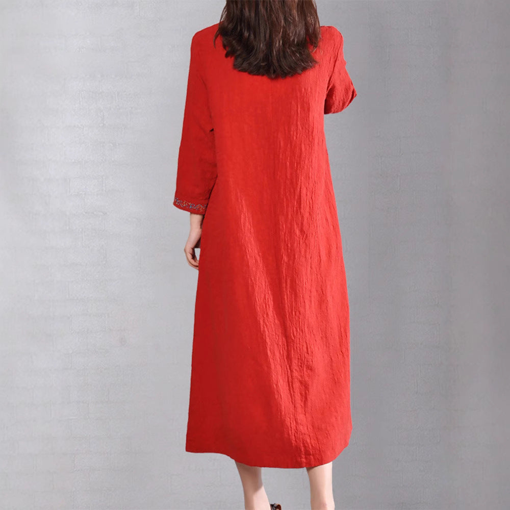 2025 Spring and Autumn new V-neck disc buckle linen embroidery robe cotton dress