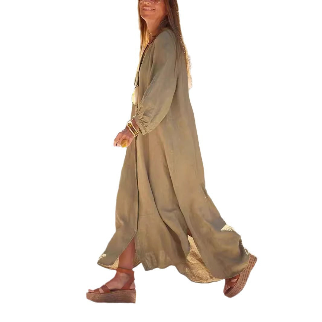 Cotton Linen Shirt Long Dress Fashion Casual Long Sleeve Cardigan Dresses