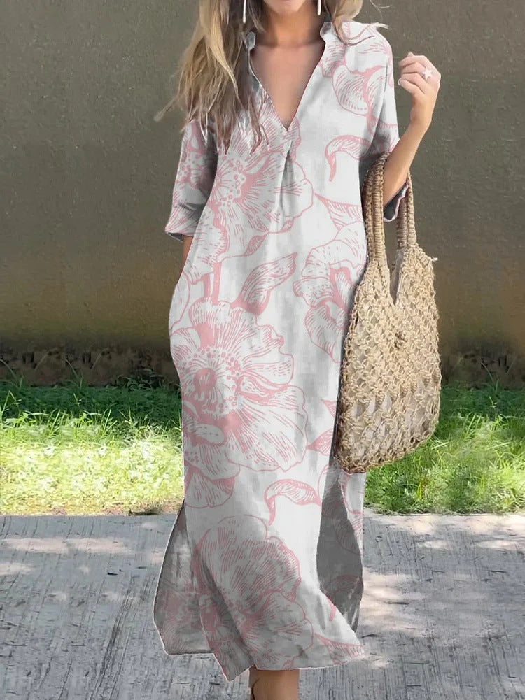 Casual Summer Loose Skirt Slit V Neck Printed Faux Hemp Dresses