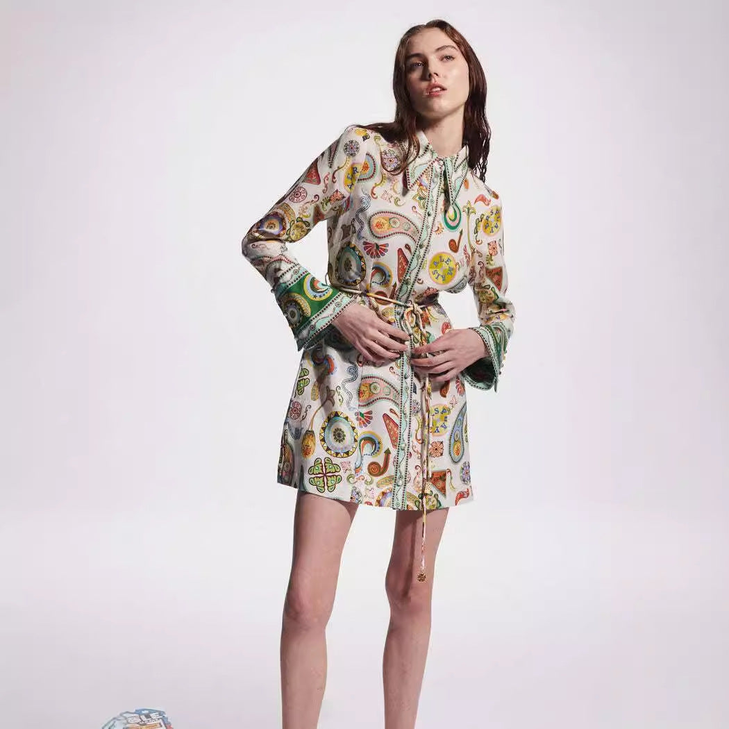 Lapel Tie Waist Positioning Printed Linen Resort Long Sleeve Dress