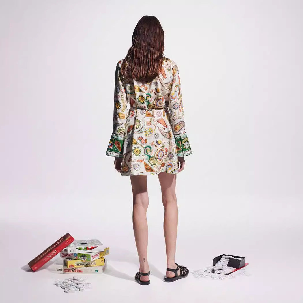 Lapel Tie Waist Positioning Printed Linen Resort Long Sleeve Dress