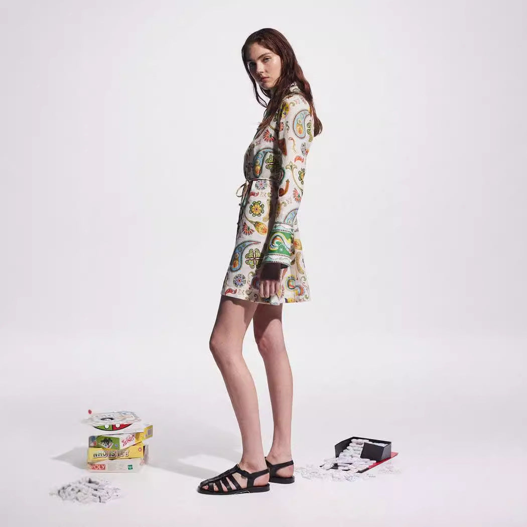 Lapel Tie Waist Positioning Printed Linen Resort Long Sleeve Dress