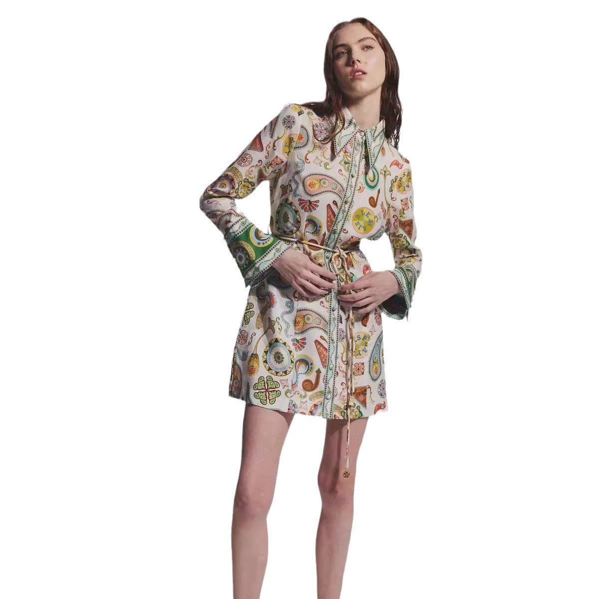 Lapel Tie Waist Positioning Printed Linen Resort Long Sleeve Dress