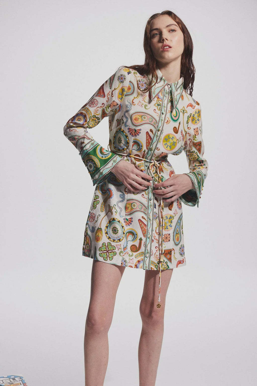Lapel Tie Waist Positioning Printed Linen Resort Long Sleeve Dress