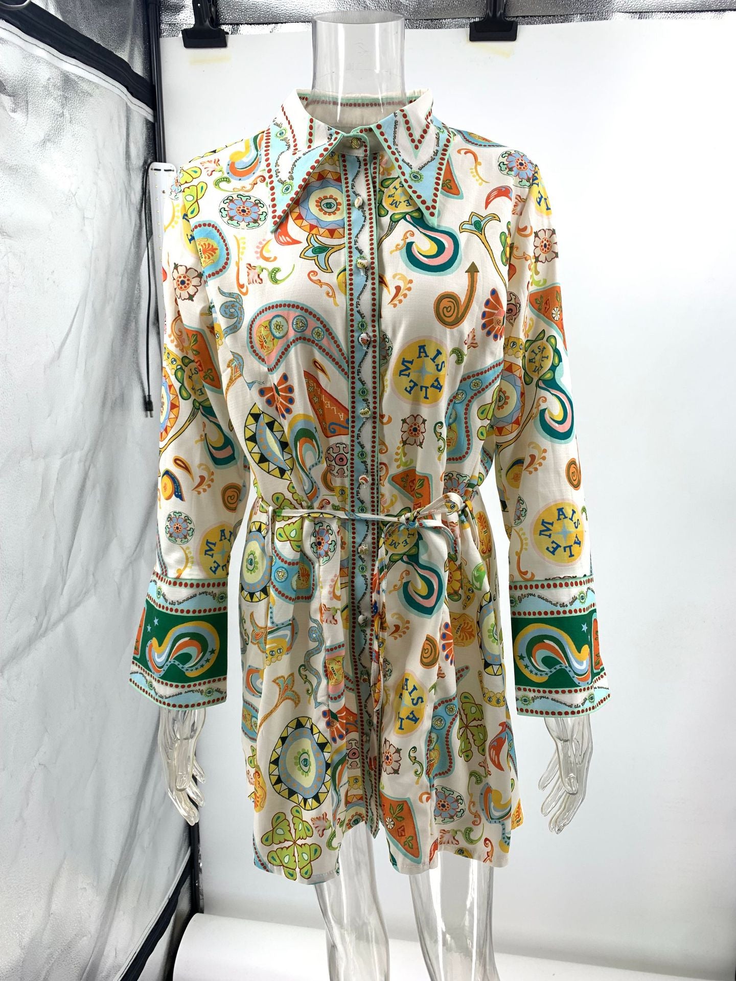 Lapel Tie Waist Positioning Printed Linen Resort Long Sleeve Dress