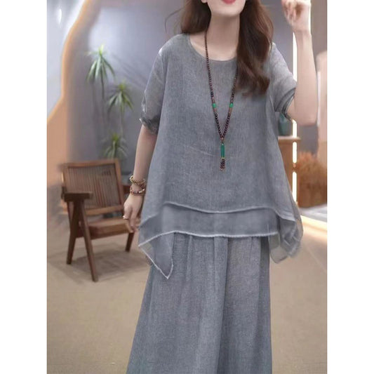 Cotton linen suit plus size women's irregular hem top wide leg trousers two-piece set
