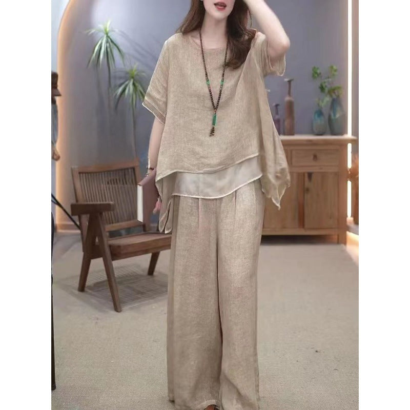 Cotton linen suit plus size women's irregular hem top wide leg trousers two-piece set