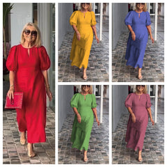 Cross-border Spring And Summer Independent Station Explosions Women's Solid Color Loose Casual Crewneck Puff Sleeve Dress