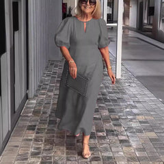 Cross-border Spring And Summer Independent Station Explosions Women's Solid Color Loose Casual Crewneck Puff Sleeve Dress