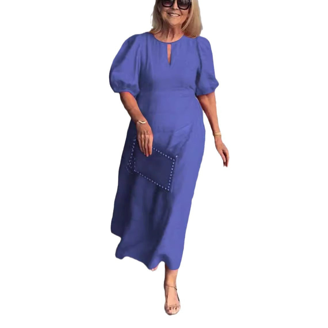 Cross-border Spring And Summer Independent Station Explosions Women's Solid Color Loose Casual Crewneck Puff Sleeve Dress