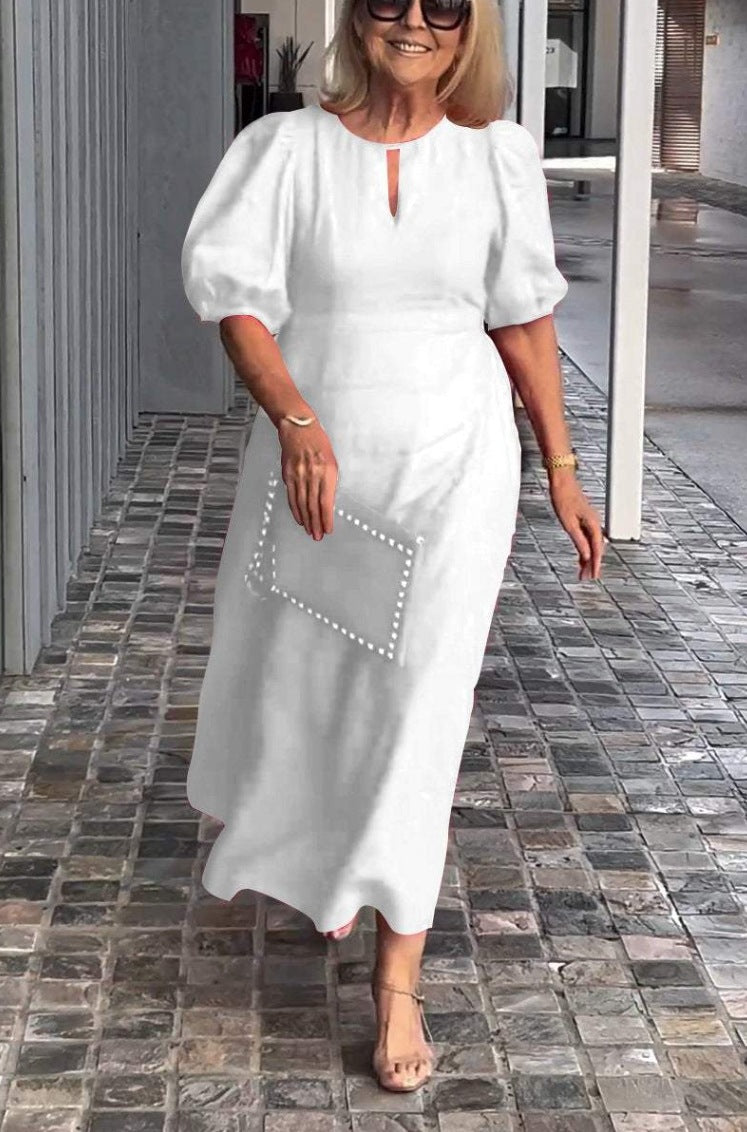 Cross-border Spring And Summer Independent Station Explosions Women's Solid Color Loose Casual Crewneck Puff Sleeve Dress