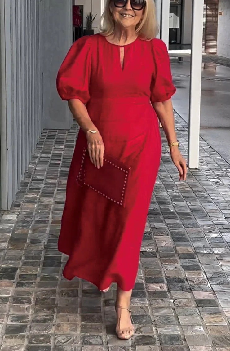 Cross-border Spring And Summer Independent Station Explosions Women's Solid Color Loose Casual Crewneck Puff Sleeve Dress