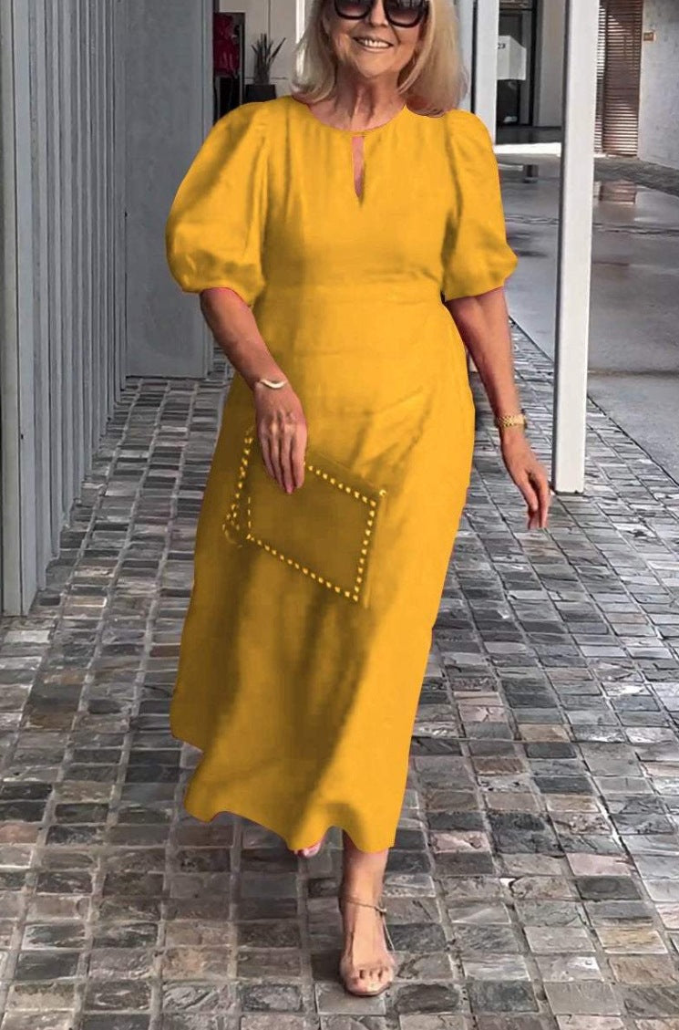Cross-border Spring And Summer Independent Station Explosions Women's Solid Color Loose Casual Crewneck Puff Sleeve Dress