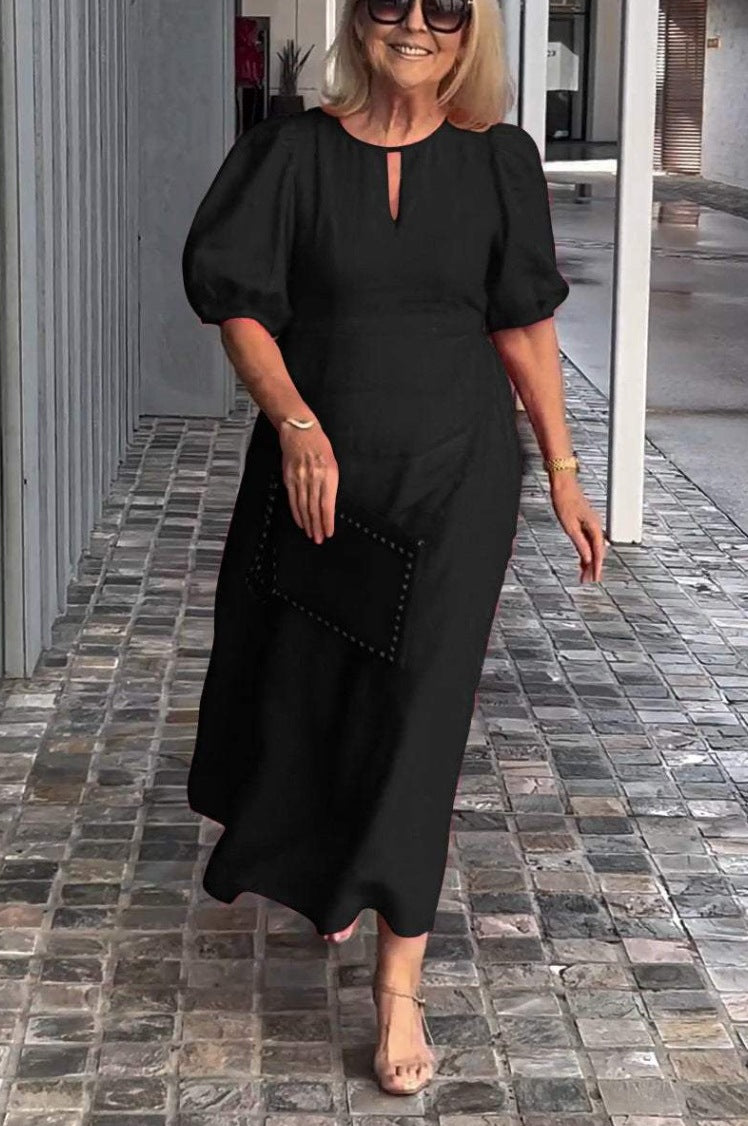 Cross-border Spring And Summer Independent Station Explosions Women's Solid Color Loose Casual Crewneck Puff Sleeve Dress