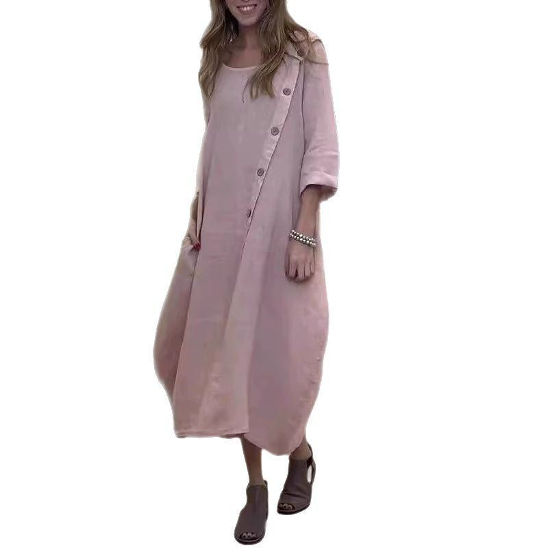 2025 Loose Casual Round Neck Long Sleeve Solid Colour Cotton Linen Dress