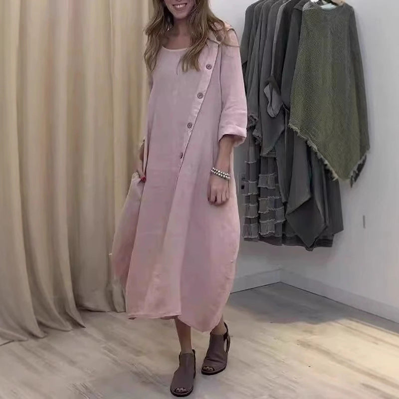 2025 Loose Casual Round Neck Long Sleeve Solid Colour Cotton Linen Dress