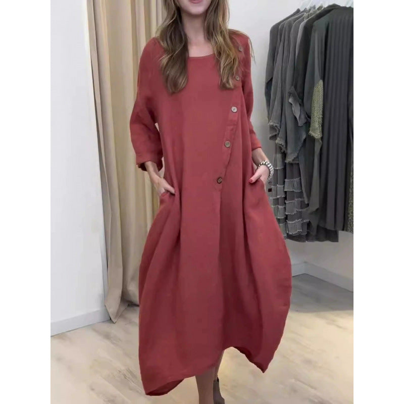2025 Loose Casual Round Neck Long Sleeve Solid Colour Cotton Linen Dress