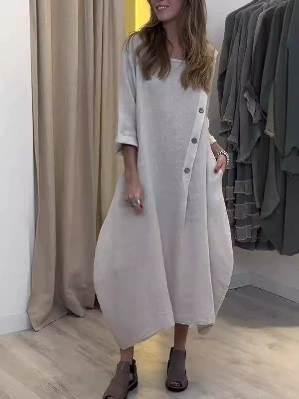 2025 Loose Casual Round Neck Long Sleeve Solid Colour Cotton Linen Dress