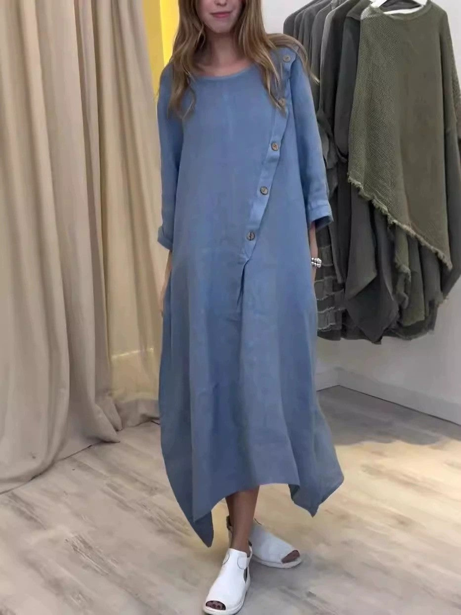 2025 Loose Casual Round Neck Long Sleeve Solid Colour Cotton Linen Dress