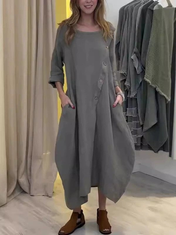 2025 Loose Casual Round Neck Long Sleeve Solid Colour Cotton Linen Dress