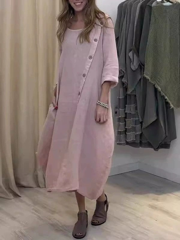 2025 Loose Casual Round Neck Long Sleeve Solid Colour Cotton Linen Dress