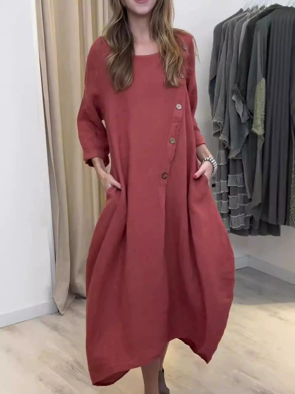 2025 Loose Casual Round Neck Long Sleeve Solid Colour Cotton Linen Dress