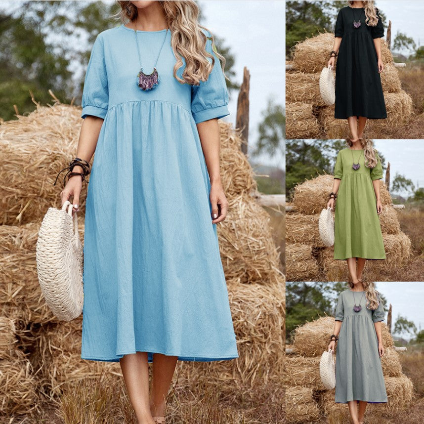 Solid Color Wide Elastic Waist Mid-Length Cotton and Linen Round Neck Dress Skinny