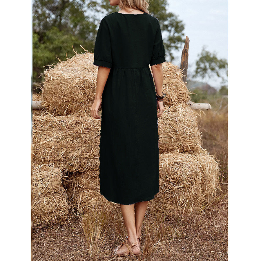 Solid Color Wide Elastic Waist Mid-Length Cotton and Linen Round Neck Dress Skinny