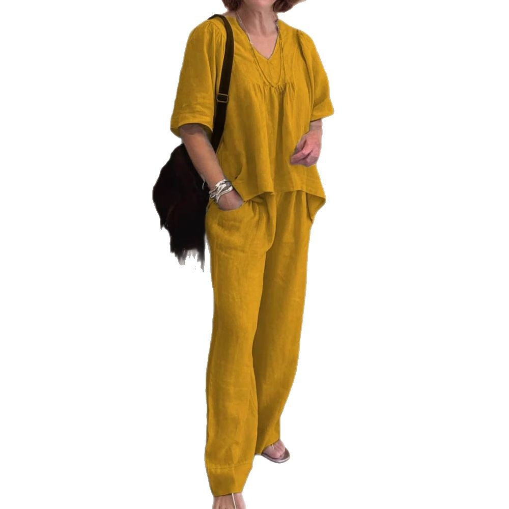 2025 summer new cotton and linen solid color V-neck casual short-sleeved top and pants two-piece suit