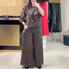 2025 Fashion Casual Loose Solid Color Cotton Linen Short Sleeve Shirt Long Pants Two Piece Suit
