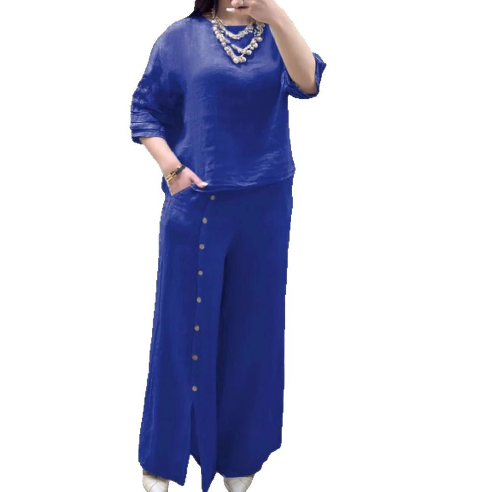 2025 Fashion Casual Loose Solid Color Cotton Linen Short Sleeve Shirt Long Pants Two Piece Suit