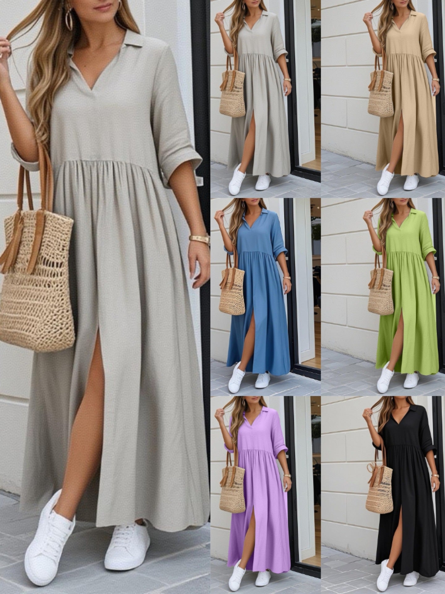 2025 Fashion V-Neck Loose Split Peplum Cotton Linen Solid Long Dress