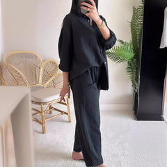 2025 new 2 pieces set of large size cotton linen shirt suit high waist loose trousers