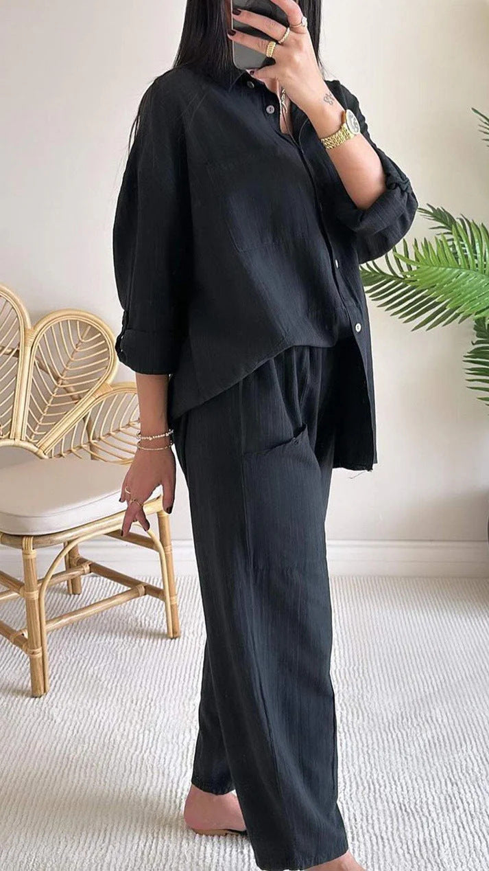 2025 new 2 pieces set of large size cotton linen shirt suit high waist loose trousers